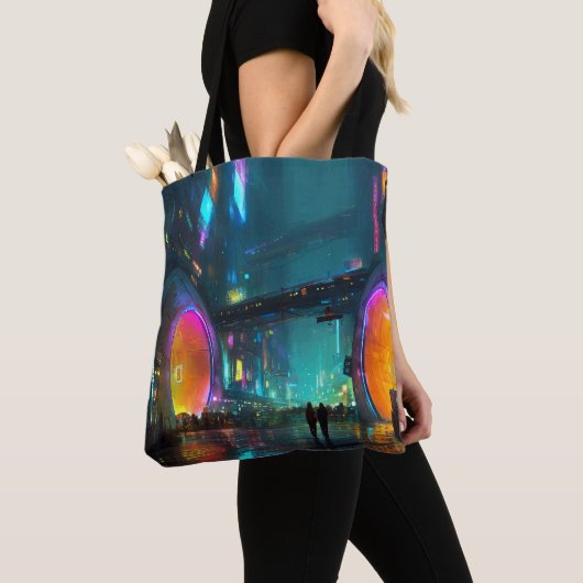 Lebendige Cyberpunk-Stadtlandschaft mit Bögen Tasche (Von Nahem)