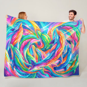 Lebendige Delfin-Traumlandschaft – Psychedelischer Fleecedecke