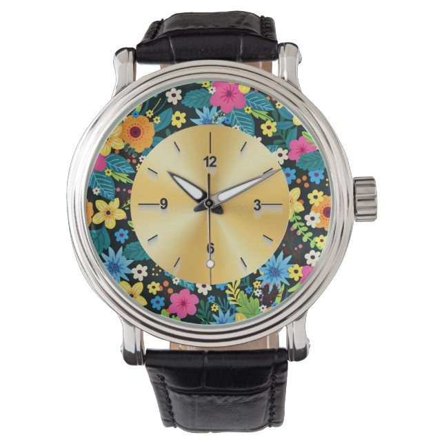 Lebendige Ditsy-Blumen Blumenmuster Design-43785 Armbanduhr (Vorderseite)