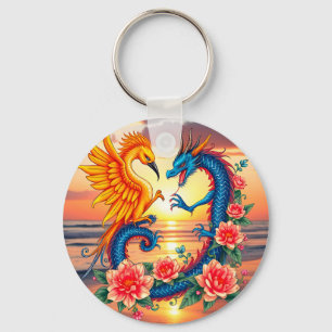 Lebendige Dragon- und Phönix-Kunst mit Blumen Schlüsselanhänger