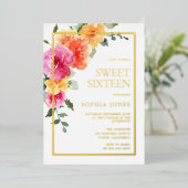 Lebendige, farbenfrohe Blüte Sweet 16 Party Folieneinladung (Stehend vorne)