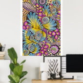 Lebendige farbenfrohe Boho-Blumen-Feder-Doodle-Kun Poster (Heimbüro)