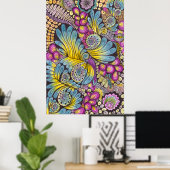 Lebendige farbenfrohe Boho-Blumen-Feder-Doodle-Kun Poster (Heimbüro)