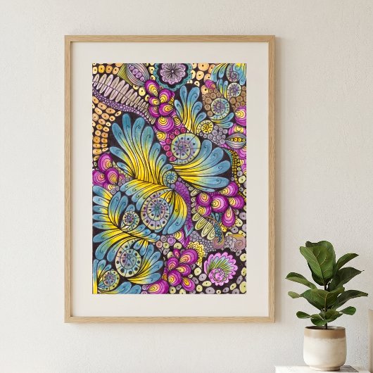 Lebendige farbenfrohe Boho-Blumen-Feder-Doodle-Kun Poster