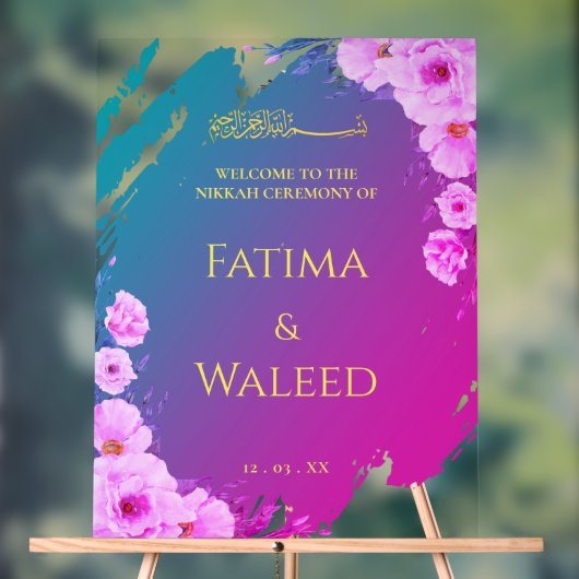 Lebendige farbenfrohe florale Muslime Nikkah Begrü Acrylschild (Neutral)