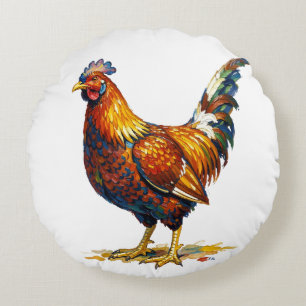 Lebendige farbenfrohe Hahn-Illustrationskunst Rundes Kissen