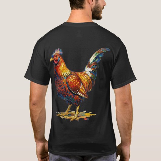 Lebendige farbenfrohe Hahn-Illustrationskunst T-Shirt (Rückseite)