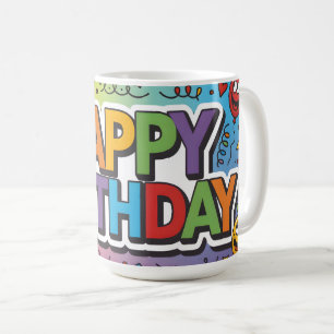 Lebendige farbenfrohe "HAPPY BIRTHDAY"-Grafik Kaffeetasse