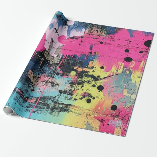 Lebendige Farbspritzer-Graffiti Pink Gelb Blau Geschenkpapier (Ungerollt)