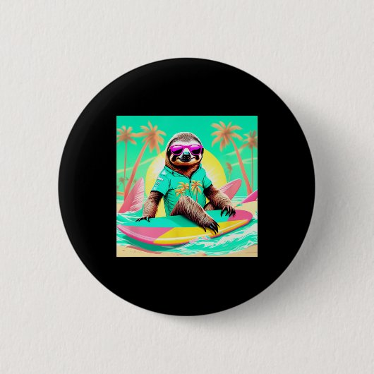 Lebendige Faultier-Surf-Grafik Lustige Strandszene Button (Vorderseite)