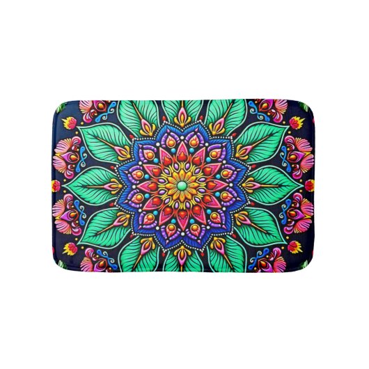 Lebendige florale Mandala-Kunst Badematte (Vorderseite)