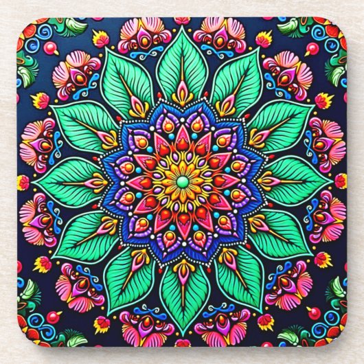 Lebendige florale Mandala-Kunst Getränkeuntersetzer (Vorderseite)