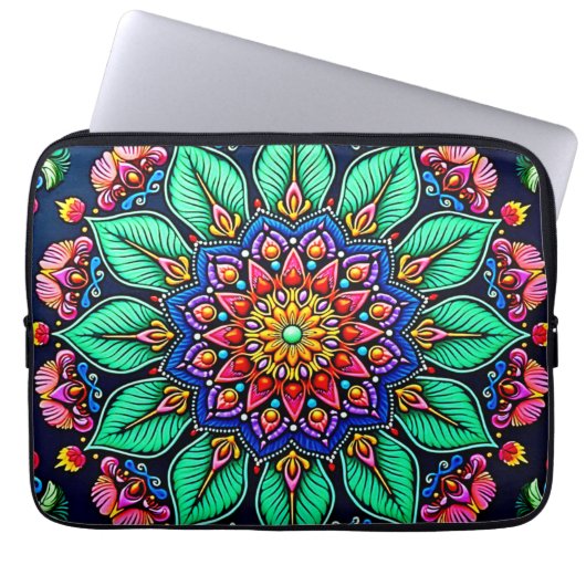 Lebendige florale Mandala-Kunst Laptopschutzhülle (Vorderseite)