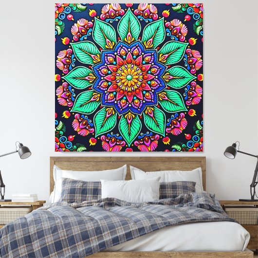 Lebendige florale Mandala-Kunst Leinwanddruck (Insitu (Schlafzimmer))