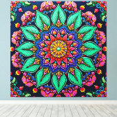 Lebendige florale Mandala-Kunst Leinwanddruck (Insitu (Holzboden))
