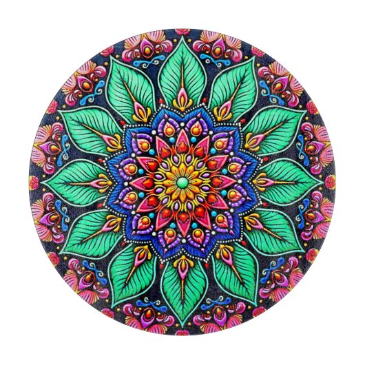 Lebendige florale Mandala-Kunst Schneidebrett (Vorderseite)