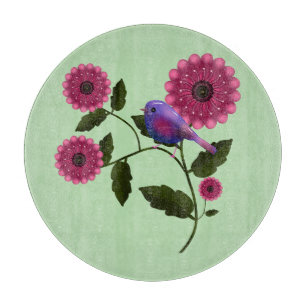 Lebendige Frühlingsblumen mit süßer lila Vogelkuns Schneidebrett