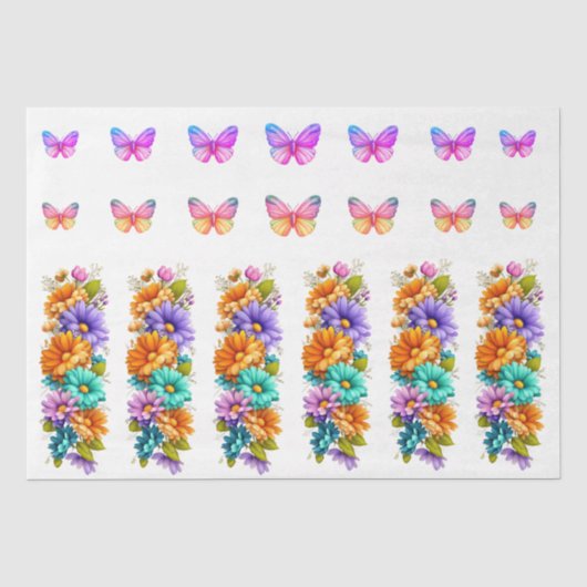 Lebendige Frühlingsblumen und Schmetterlinge Decou Seidenpapier (Vorderseite)