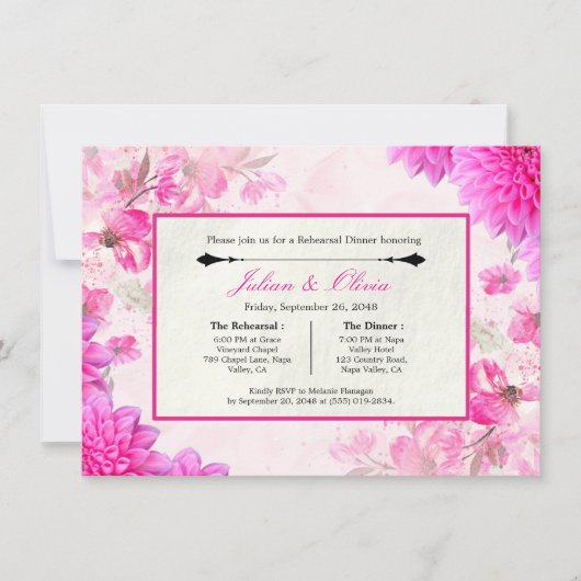 Lebendige Fuchsia-Rosa-Floral-Probe-Dinner Einladung (Vorderseite)