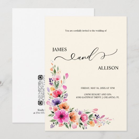 Lebendige Fuchsien-Blumen-QR-Code-Hochzeitseinladu Einladung (Vorne/Hinten)