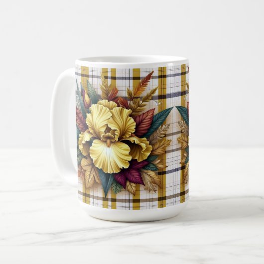 Lebendige gelbe Blume mit Herbstblättern Kaffeetasse (Vorderseite Links)