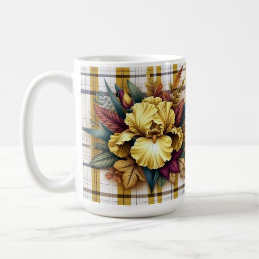 Lebendige gelbe Blume mit Herbstblättern Kaffeetasse (Links)