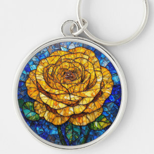 Lebendige gelbe Rosen-Kreis-Buntglas-Kunst Schlüsselanhänger