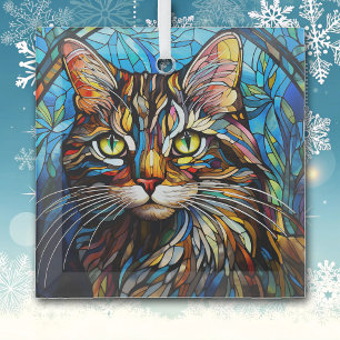 Lebendige getigerte Katze in Buntglasoptik Ornament Aus Glas