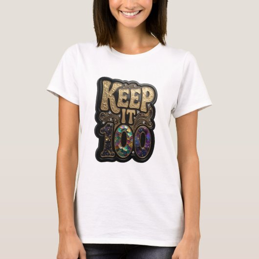 Lebendige Goldene KEEP IT 100 3D-Text-Kunst T-Shirt (Vorderseite)