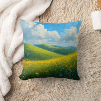 Lebendige Grüne Hügel und gelbe Blumen Landschaft Kissen