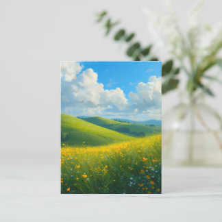 Lebendige grüne Hügel und gelbe Blumen Landschaft Postkarte