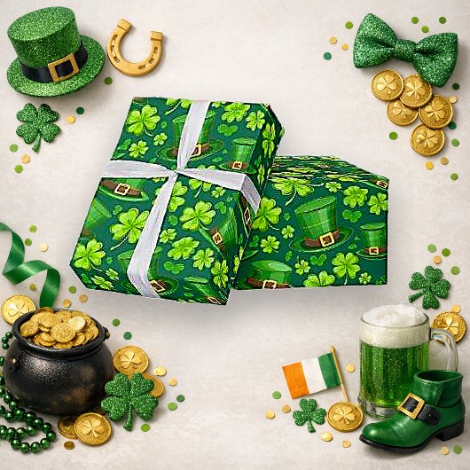 Lebendige grüne Shamrock-Leprechaun-Musterkunst Geschenkpapier
