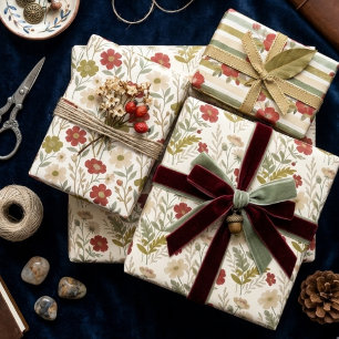 Lebendige grüne und rote Wildblumen Aquarell TMF26 Geschenkpapier Set