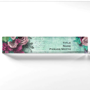 Lebendige grüne und violette Rosen 3D-vintage Schr Namensplakette