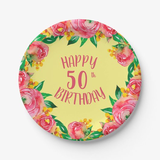 Lebendige, heiße Rosa und gelbe Wasserfarbe Pappteller (Vorderseite)