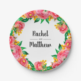 Lebendige, heiße Rosa und gelbe Wasserfarbe Pappteller