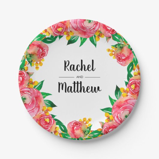 Lebendige, heiße Rosa und gelbe Wasserfarbe Pappteller (Vorderseite)