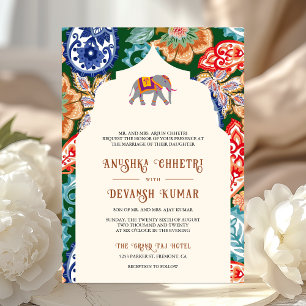 Lebendige indische Volks-Kunst Elefant Creme Hochz Einladung