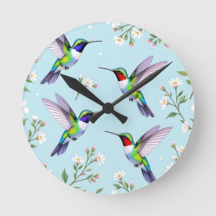 Lebendige Kolibris und weiße Kirschblüten Runde Wanduhr