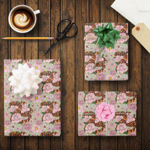 Lebendige Kornnatter Pinke Pfingstrosenblüten Grün Geschenkpapier Set