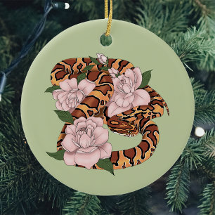 Lebendige Kornnatter Pinke Pfingstrosenblüten Grün Keramik Ornament