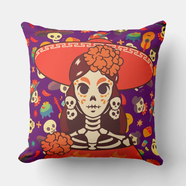 Lebendige La Catrina Kissen (Vorderseite)