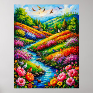 Lebendige Landschaft mit blühenden Blumen Poster