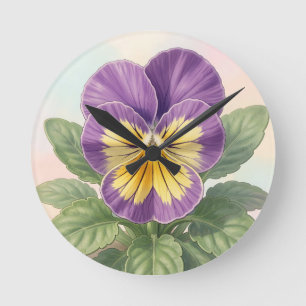 Lebendige lila-gelbe Stiefmütterchen-Blume Botanis Runde Wanduhr