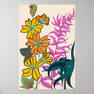 Lebendige Magenta- und Orange-Art-Deco-Blumenkunst Poster