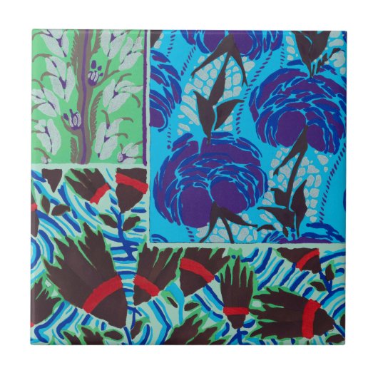 Lebendige Maximalistische Blaue und Grüne Florale Fliese (Vorderseite)