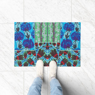 Lebendige Maximalistische Blaue und Grüne Florale Fußmatte