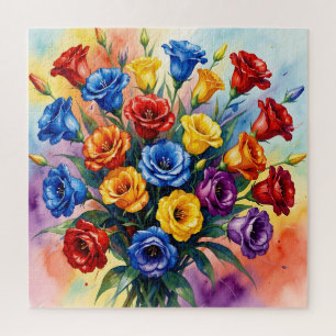 Lebendige mehrfarbige Rosen Lisianthus Aquarell Puzzle