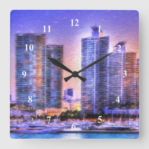 Lebendige Miami-Skyline bei Sonnenaufgang Quadratische Wanduhr