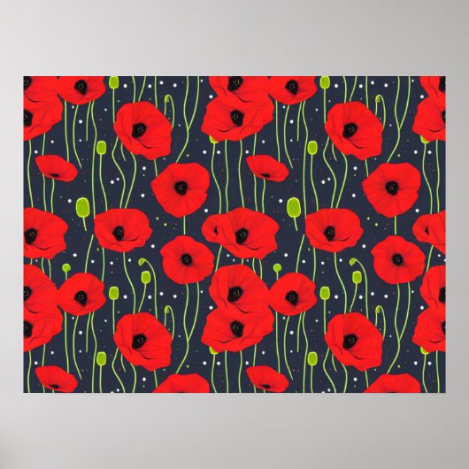 Lebendige moderne rote Mohnblumen-Musterkunst Poster (Vorne)